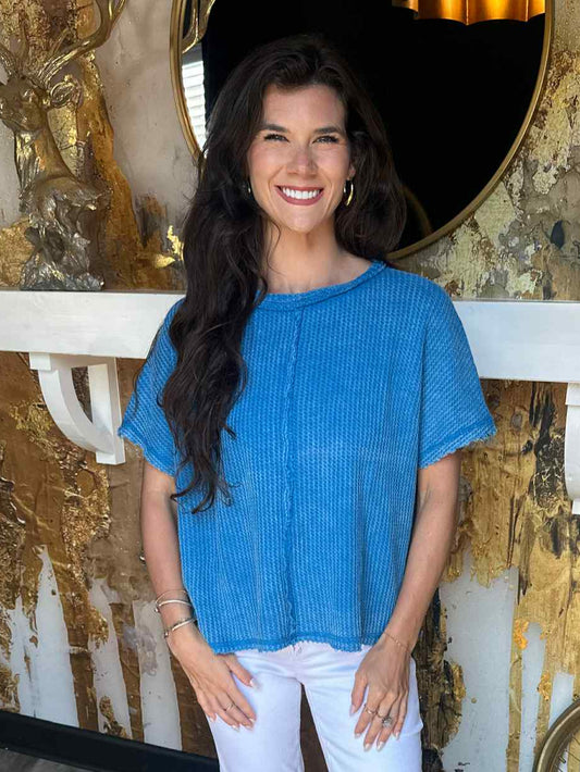 Ocean Blue Washed Baby Waffle Short Sleeve Top