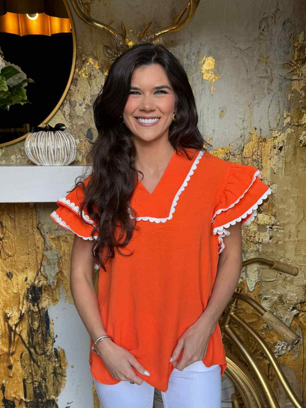 Orange Game Day Ruffle Sleeve Scallop Trim Top
