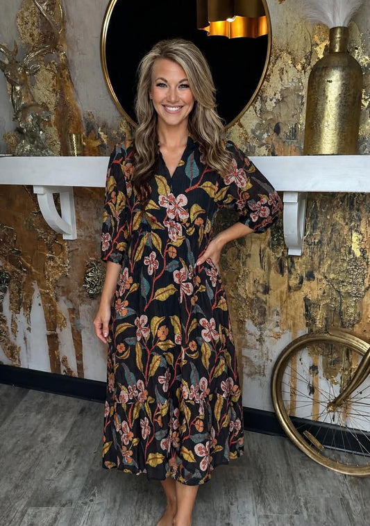 Black Mixed Floral Print Tiered Midi Dress
