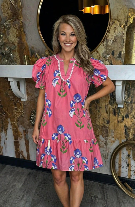 Pink Floral Print Mini Dress with Scallop Trim