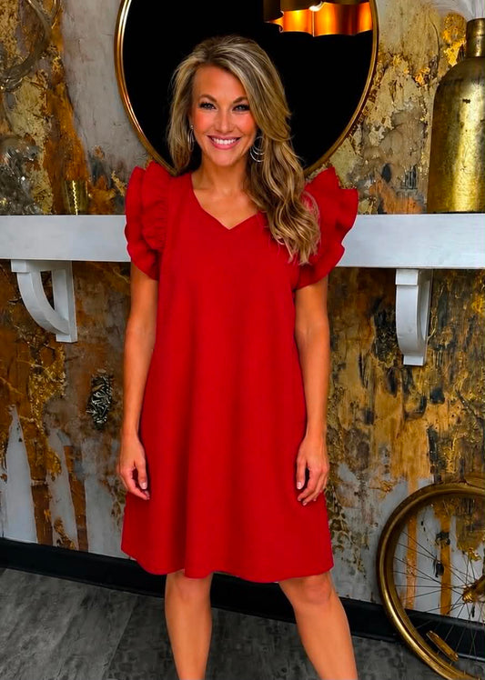 Red Seersucker Ruffle Shift Dress