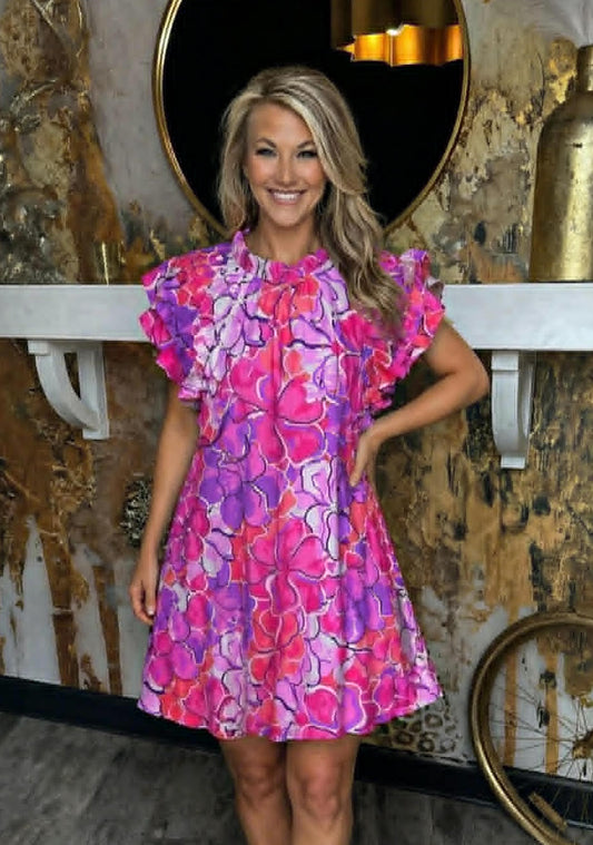 Purple Ruffle Sleeve Floral Mini Dress