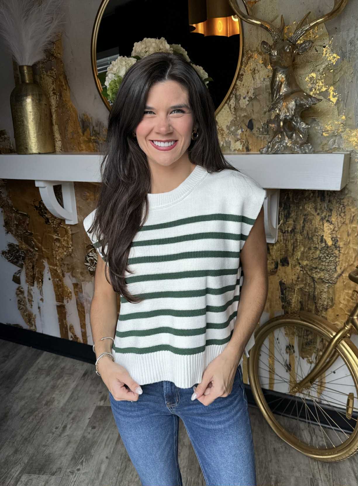 Dark Green Oversized Crew Neck Stripe Sweater Vest