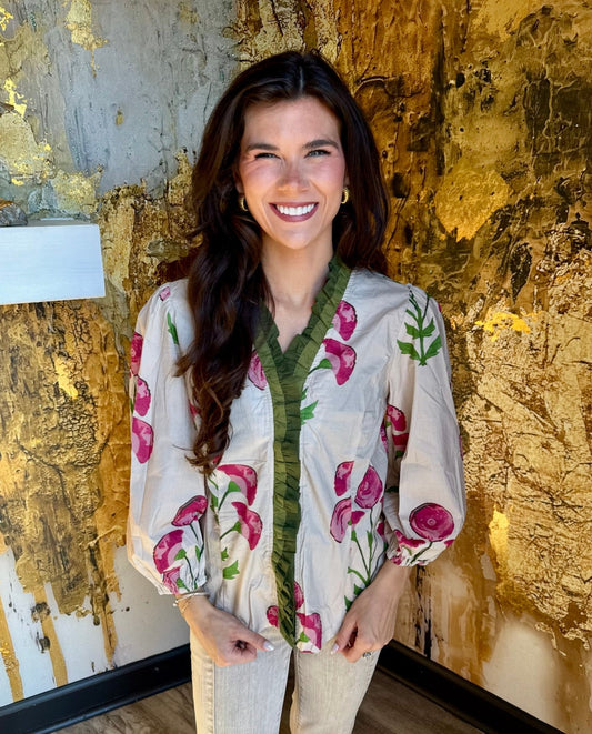 Stone Mix Floral Print Ruffle Top
