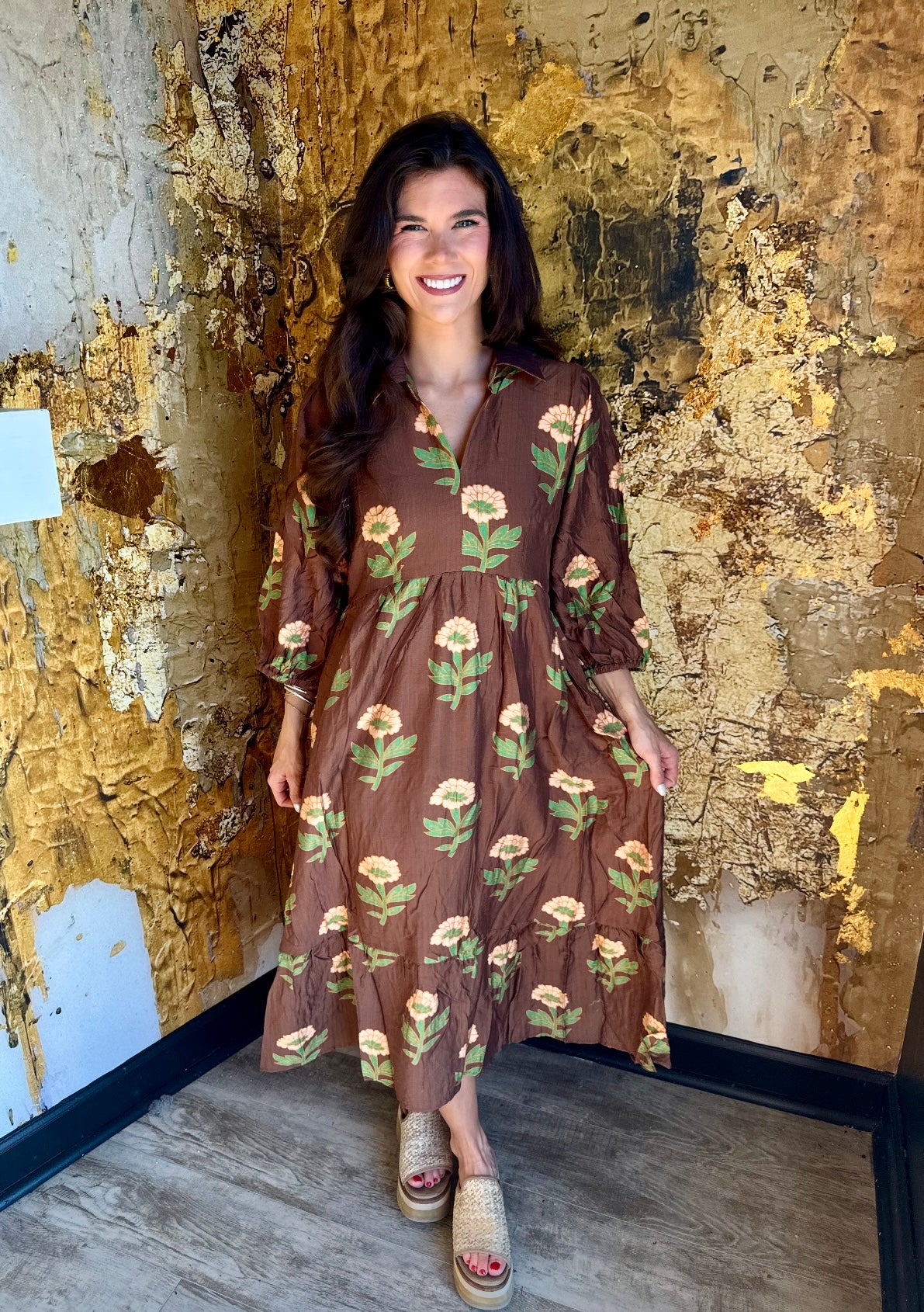 Brown Mix Floral Print Maxi Dress with Bubble Sleeves