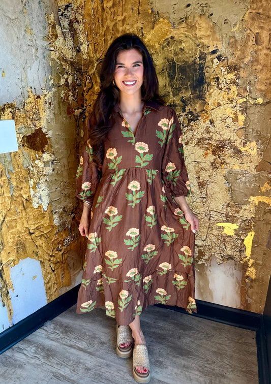 Brown Mix Floral Print Maxi Dress with Bubble Sleeves