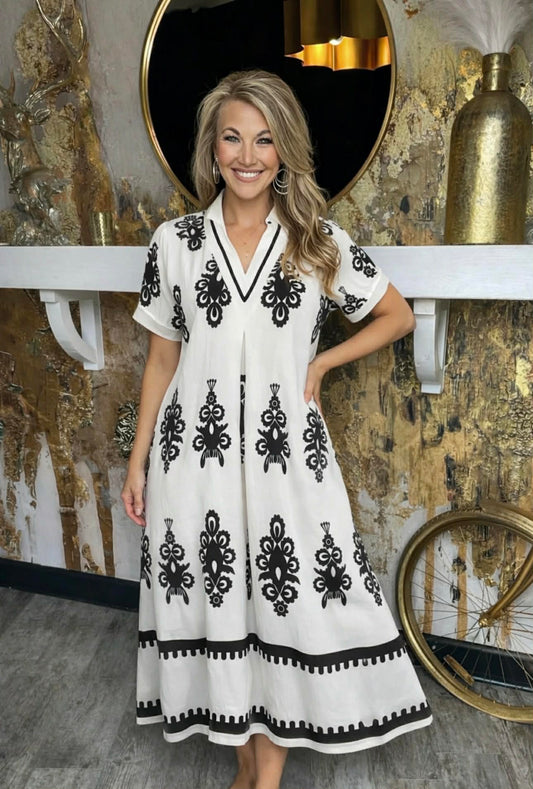 Off White Two Tone Border Print Midi Dress