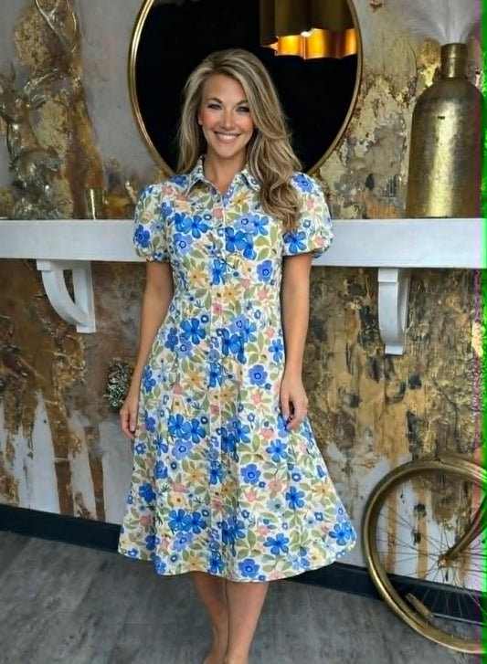 Blue Mix Floral Print Pleated Midi Shirt Dress
