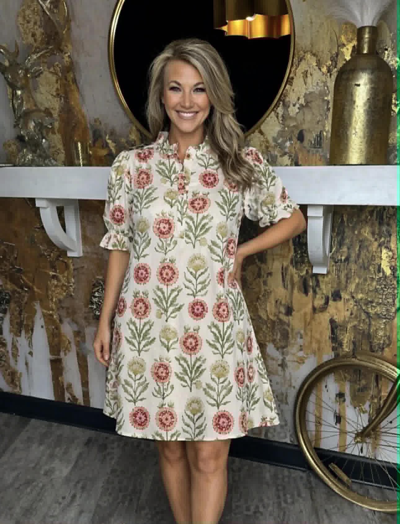 Red Floral Puff Sleeve Babydoll Dress