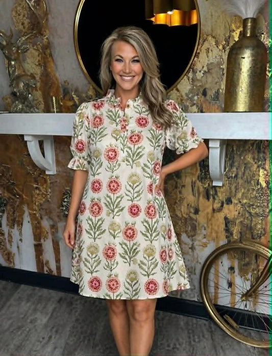 Red Floral Puff Sleeve Babydoll Dress