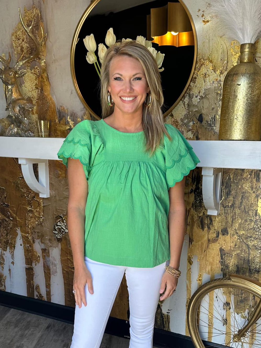 Apple Green Round Neck Top with Embroidered Scalloped Sleeves