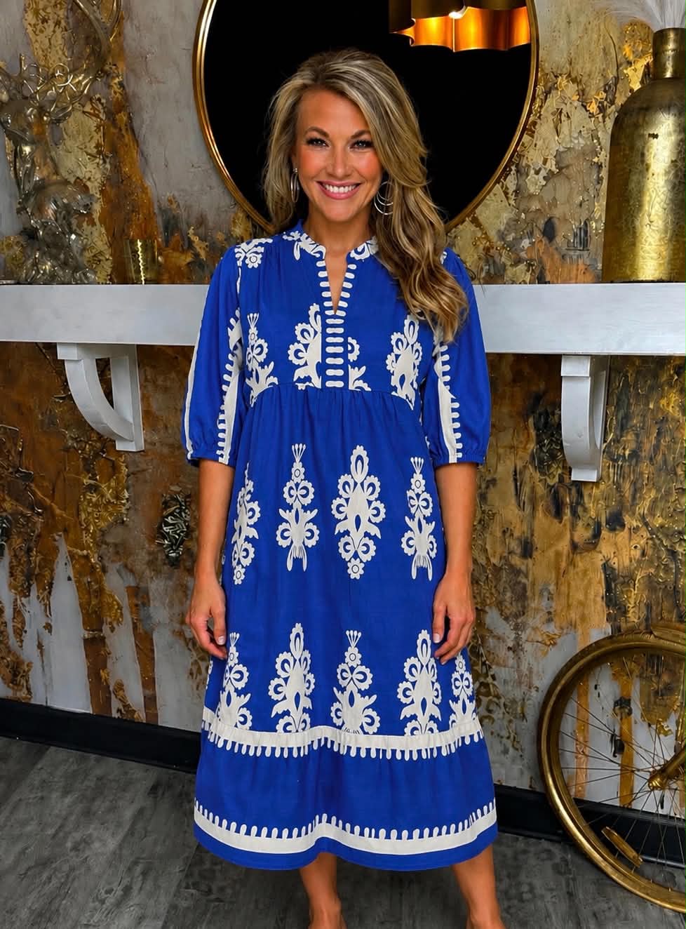 Cobalt Blue Abstract Print Midi Dress