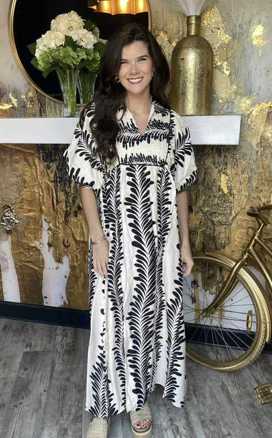 Cream & Black Printed Short Puff Sleeve Midi Dress