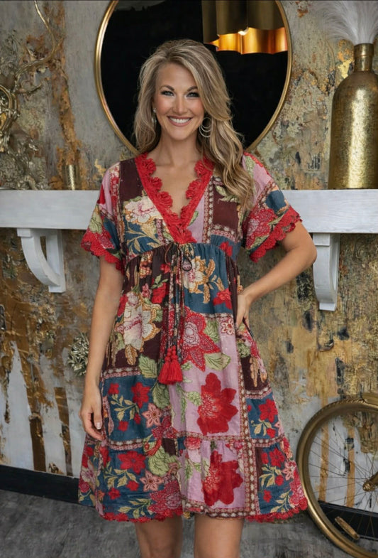 Pink Mix Abstract Print V-Neck Mini Dress