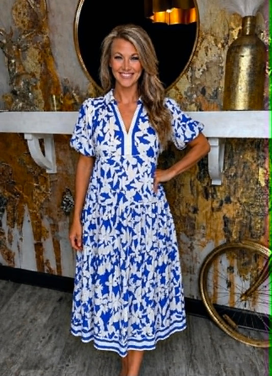 Blue Botanical Print A Line Tiered Dress