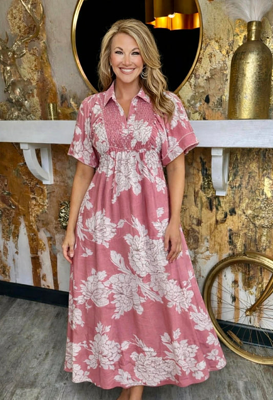 Mauve Mix Floral Print Short Puff Sleeve Midi Dress