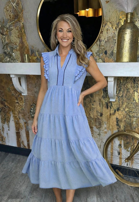 Sky Blue Seersucker Ruffle Sleeve Tiered Midi Dress