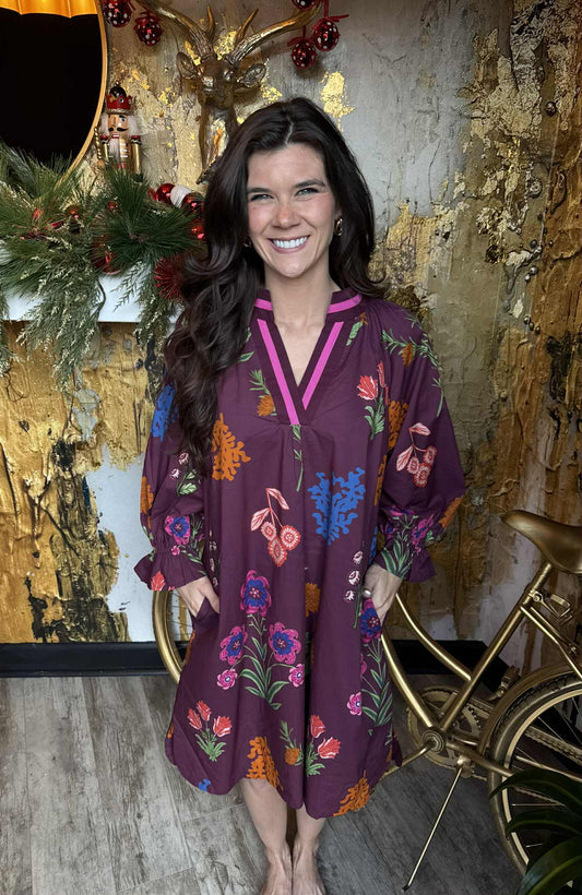 Burgundy Floral Print V-Neck Shift Dress