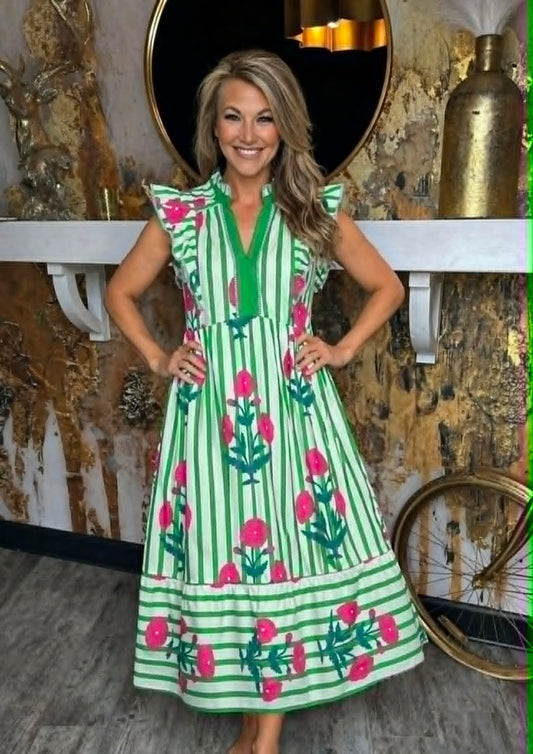 Green Mix Striped Floral Midi Dress