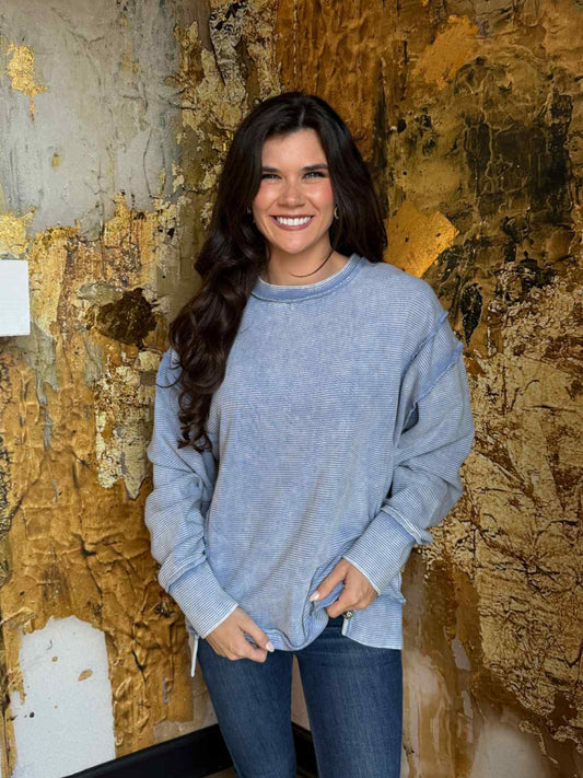 Dusty Blue Washed Side Slit Oversized Cropped Sweater