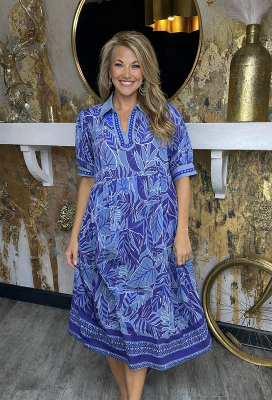 Blue Leafy Border Print V-Neck Midi Dress