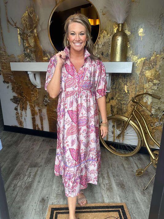 Pink Mix Paisley Print Midi Dress